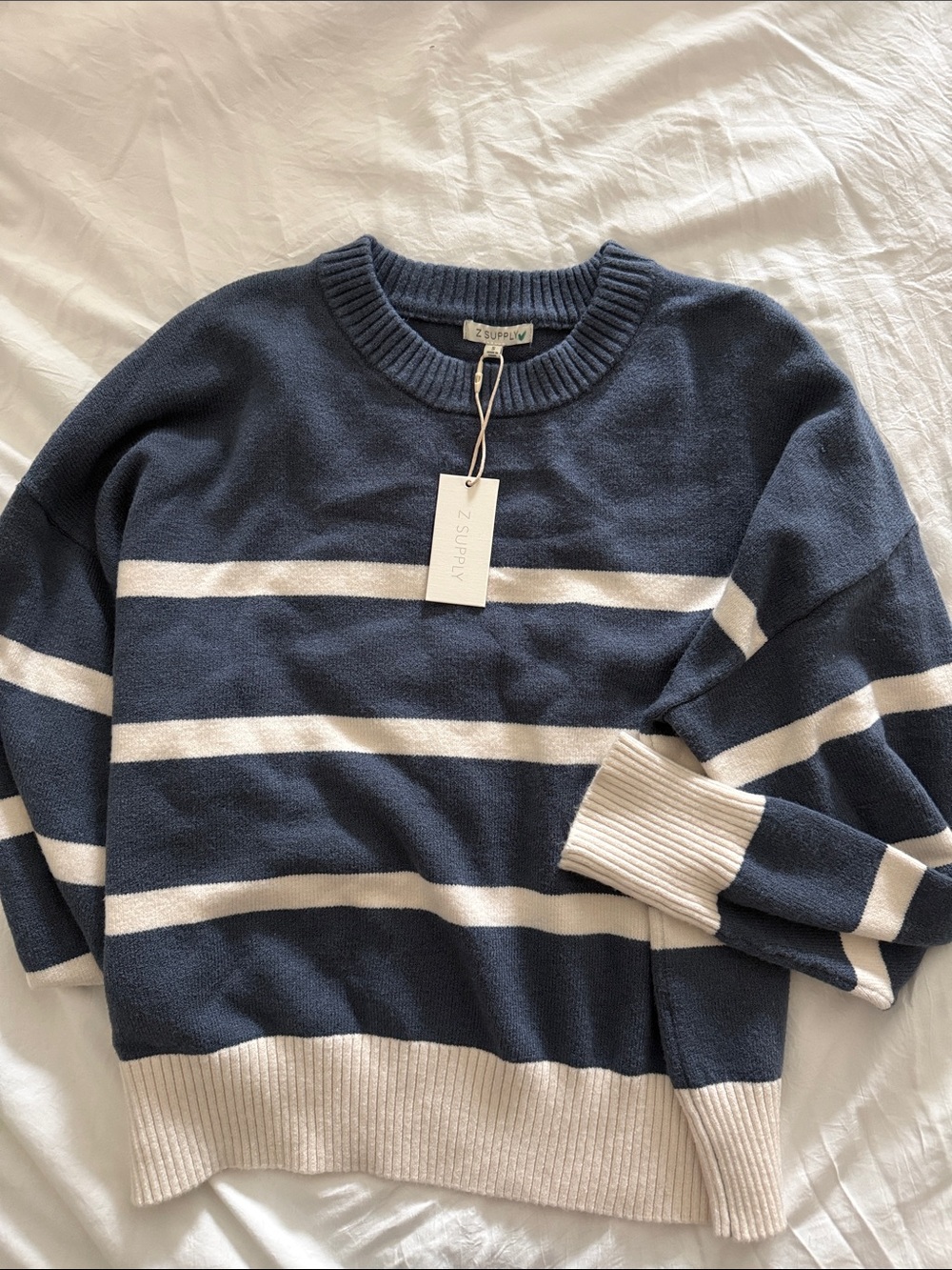 Z Supply Navy and Cream Striped Men’s Crewneck Sweater